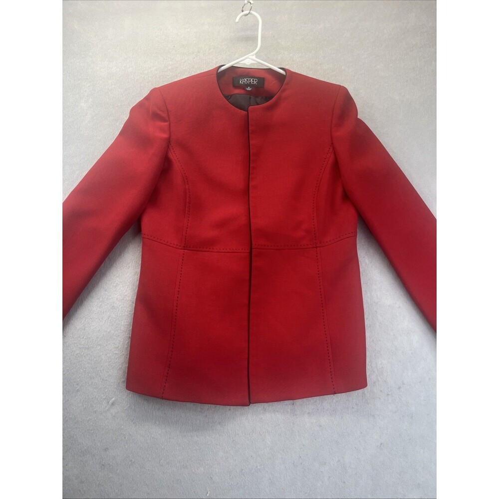 Kasper Size 8 Red Black Stitching Open Front Blazer Long Sleeve